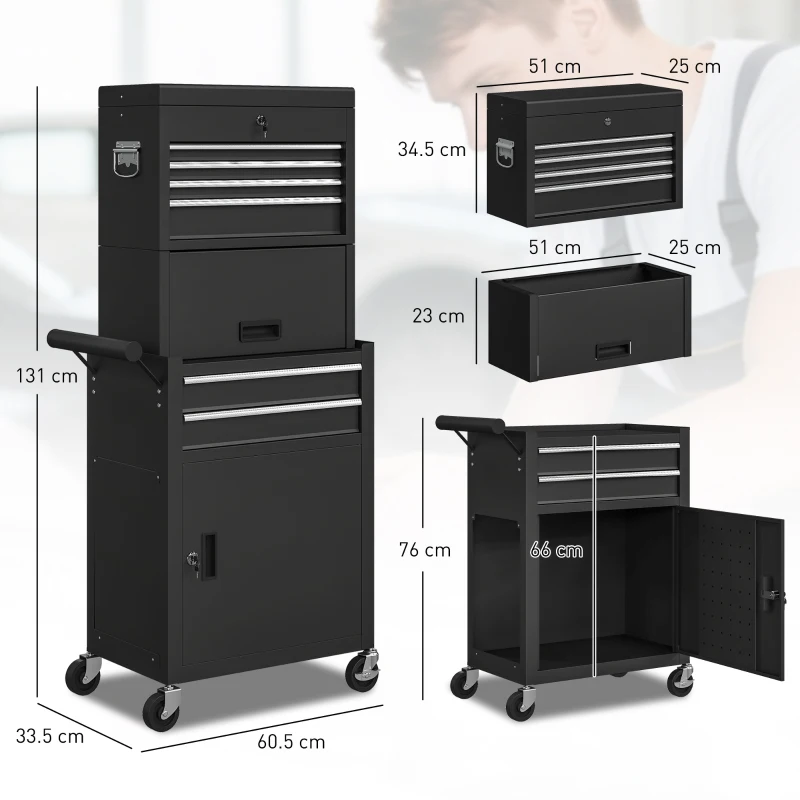 HOMCOM Armadio porta attrezzi chiudibile a chiave, set 3-in-1 carrello portautensili mobile con 6 cassetti e pannello forato, armadio porta attrezzi in acciaio smontabile per garage e officina, Nero