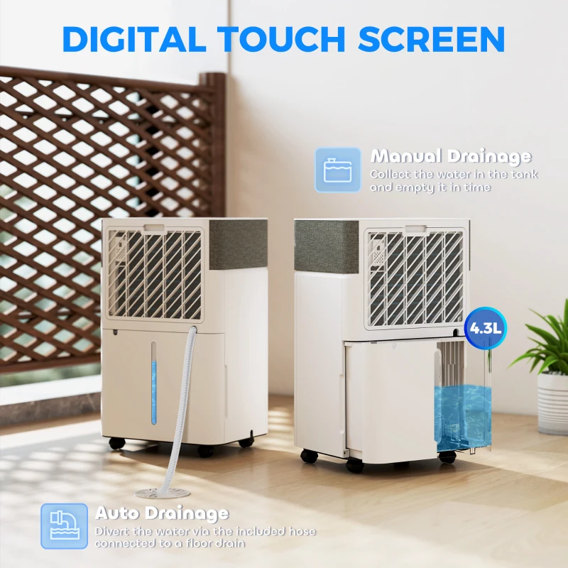 HOMCOM Deumidificatore d'aria 20L/giorno, silenzioso, con serbatoio d'acqua 4,5L, 30,5x23,5x49,5cm, Bianco