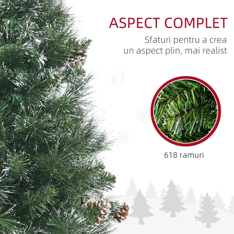 HOMCOM Pom de Craciun Artificial Inalt de 6 ft Tip Creion cu 618 Ramuri Scufundate In Zapada, Deschidere Automata, Baza de Otel, Verde