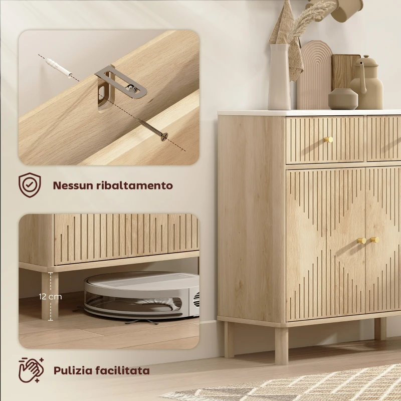 HOMCOM Credenza Buffet in Legno con 2 Cassetti, Armadietto e Piano d'Appoggio Effetto Marmo, 77x30x80 cm, color Rovere