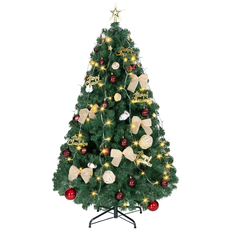 HOMCOM Árbol de Navidad 150 cm con Adornos 150 Luces LED Blanco Cálido 8 Modos de Iluminación 480 Ramas Verde