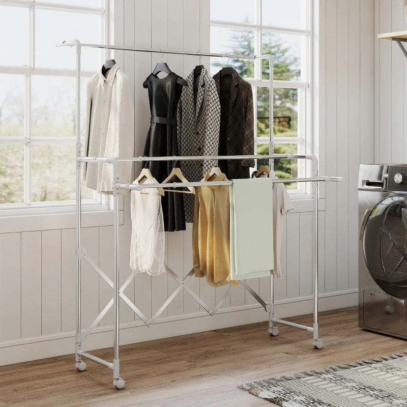 HOMCOM Foldable Drying Rack with 3 Adjustable Bars, Swiveling Wheels and Stainless Steel Frame, Silver