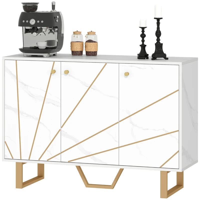 HOMCOM Sideboard Storage Cabinet, Modern Storage Cupboard with Adjustable Shelves and Metal Legs for Living Room, Kitchen, Dining Room, Entryway, White Marble Tone