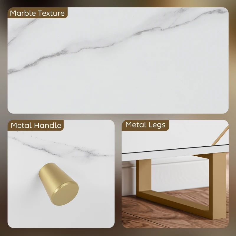 HOMCOM Sideboard Storage Cabinet, Modern Storage Cupboard with Adjustable Shelves and Metal Legs for Living Room, Kitchen, Dining Room, Entryway, White Marble Tone