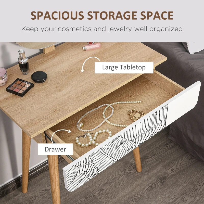 HOMCOM Elegant Dressing Table, Vanity Table with Drawer and Height Adjustable Mirror for Bedroom, Dressing Room, Natural