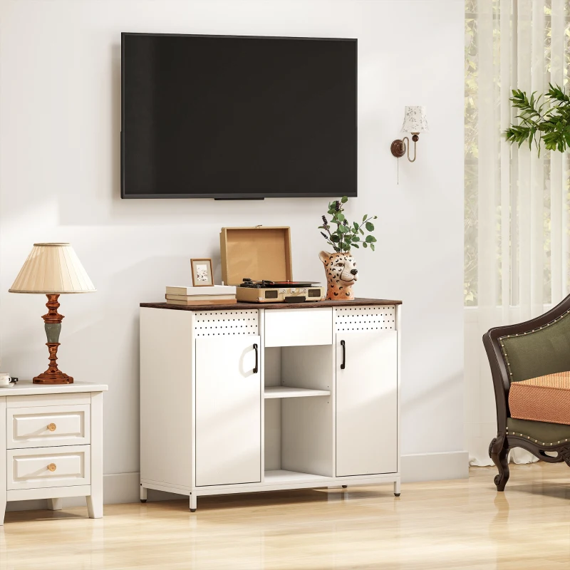 HOMCOM Credenza con 2 Ante Forate Cassetto Scomparti Aperti Ripiani Regolabili 100x40x80 cm Bianco