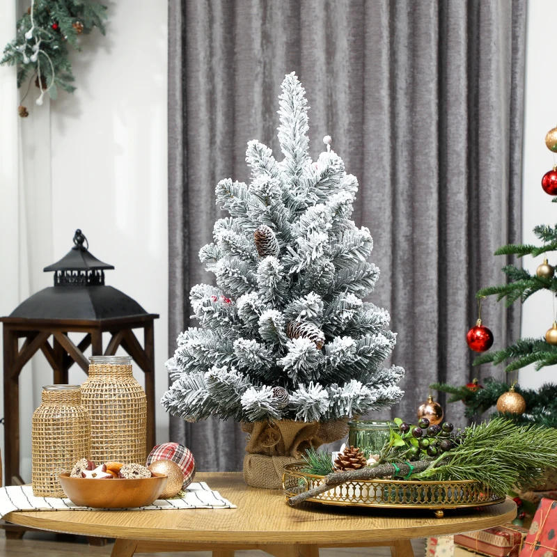 HOMCOM Albero di Natale Piccolo Alto 60 cm con 72 Rami Innevati, Pigne e Bacche Rosse, Verde