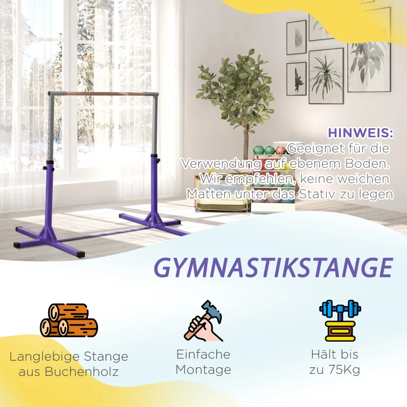 HOMCOM Gymnastik-Turnreck, Reckstange, 13-stufig höhenverstellbar, bis 75 kg belastbar, Stahl, Buchenholz, Lila(m-5)