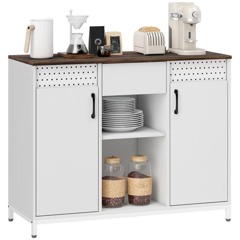 HOMCOM Sideboard für Wohnzimmer mit 2 perforierten Türen, Schublade, offenen Fächern, verstellbaren Regalen, 100x40x80 cm, Weiß