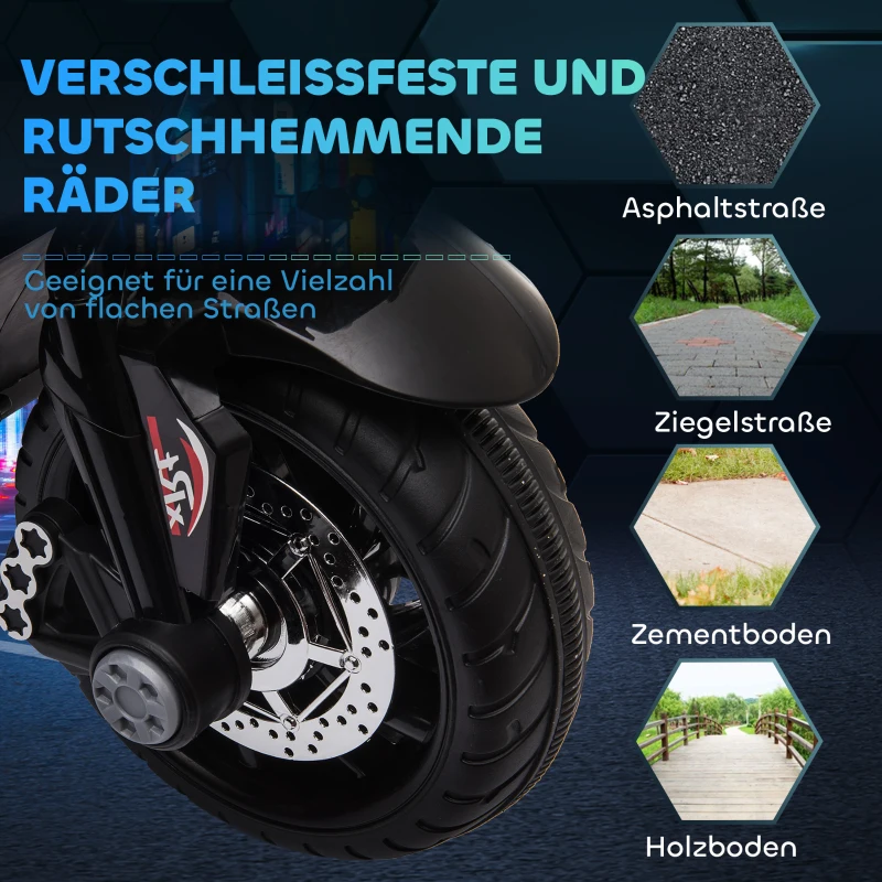 HOMCOM Elektro-Kindermotorrad, Lichter & Geräusche, 3 km/h, wiederaufladbar, Kunststoff & Metall, Schwarz/Weiß(m-6)
