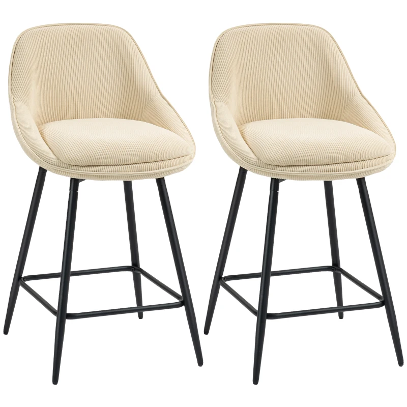 HOMCOM Set 2 Sgabelli Bar Girevoli con Schienale e Braccioli, Rivestimento in Velluto a Coste e Poggiapiedi, Beige