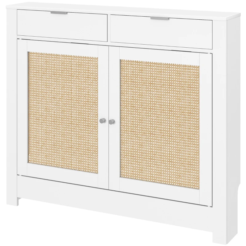 HOMCOM Cache Radiateurs avec Portes Battantes et Rotin 2 Compartiments Design Bohème pour Salon Chambre Blanc