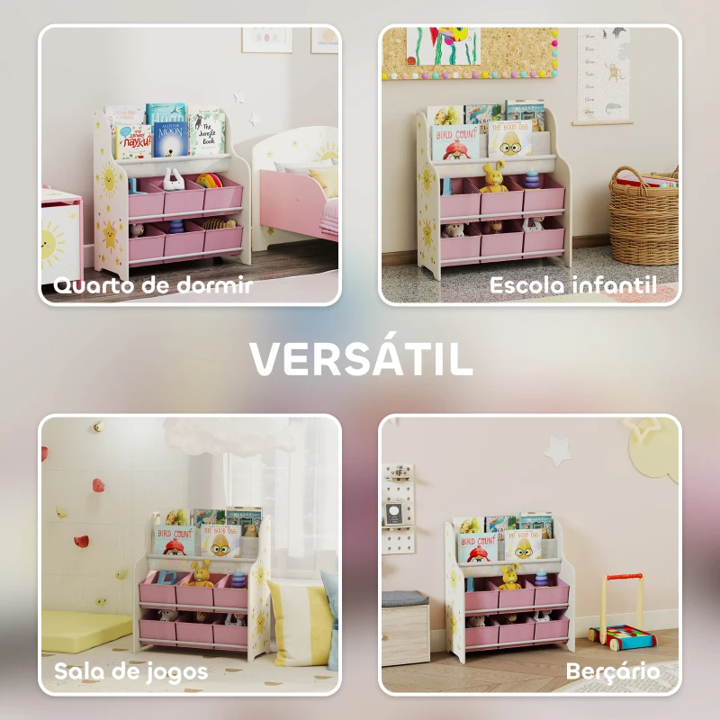 AIYAPLAY Estante Infantil para Brinquedos com 6 Caixas de Tecido Não Tecido Organizador de Brinquedos com 2 Prateleiras 63x30x71 cm Rosa