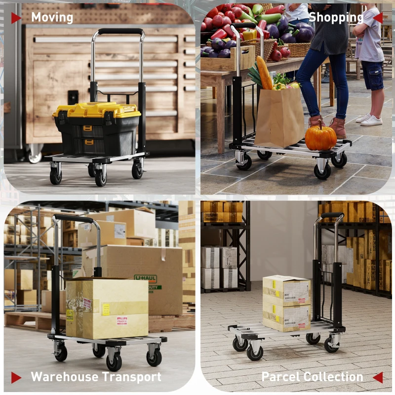 HOMCOM Cărucior Portapachete Pliabil cu Platformă Extensibilă, Capacitate 150 kg, Mâner Reglabil, Argintiu