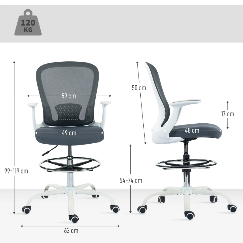 HOMCOM Silla de oficina ergonómica con reposapiés ajustable y reposabrazos abatibles, altura regulable, 59x62x99-119cm, gris