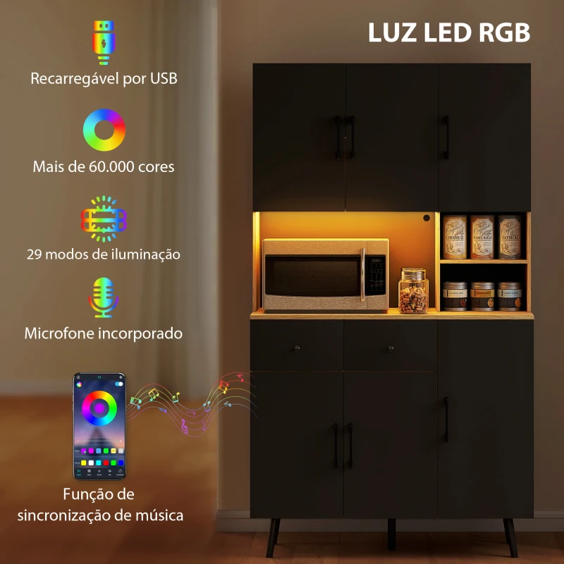 HOMCOM Armário de Cozinha Alto com Luzes LED RGB com 6 Portas 2 Gavetas Bancada 100x40x176 cm Preto e Madeira