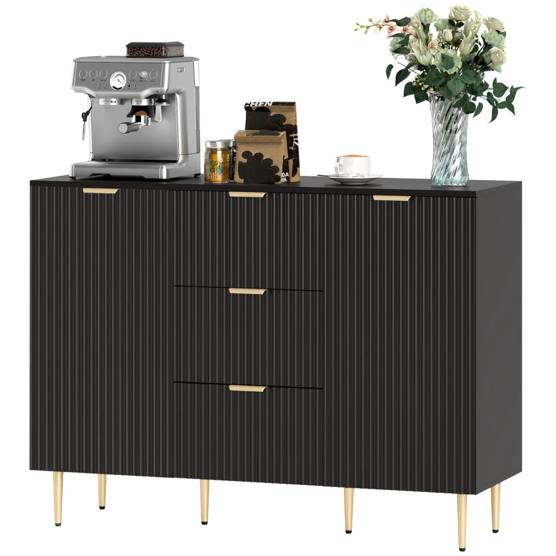HOMCOM Sideboard kitchen storage cabinet with 3 drawers, adjustable shelves, fluted door cupboards, 120 x 40 x 90 cm, black