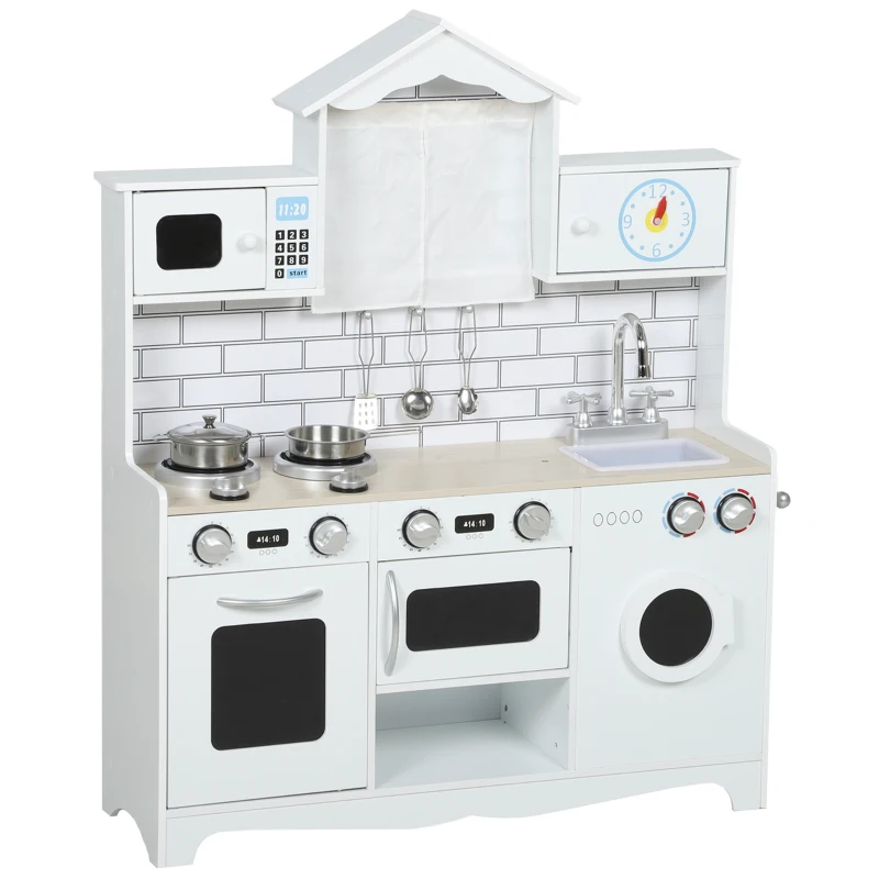 AIYAPLAY Cuisine Jouet pour Enfants 3-6 Ans en Bois avec Ensemble d'Accessoires, Évier et Boutons sonores, Blanc