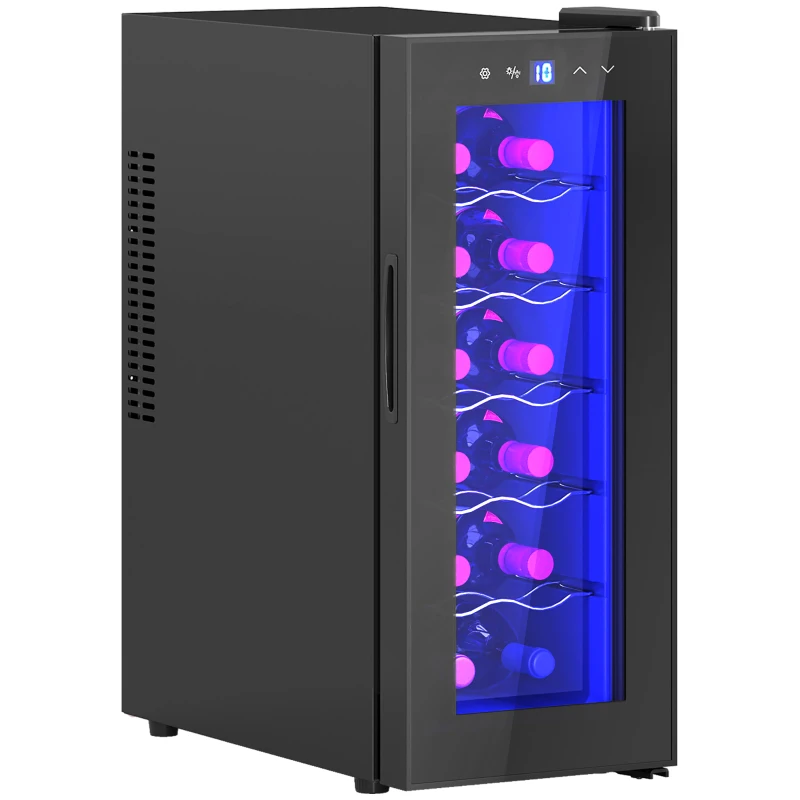 HOMCOM Cave de Vinhos 12 Garrafas com Dupla Refrigeração Termoelétrica Temperatura Ajustável 8-18℃ Porta de Vidro Anti-UV Ecrã LED Luz Interior Preto