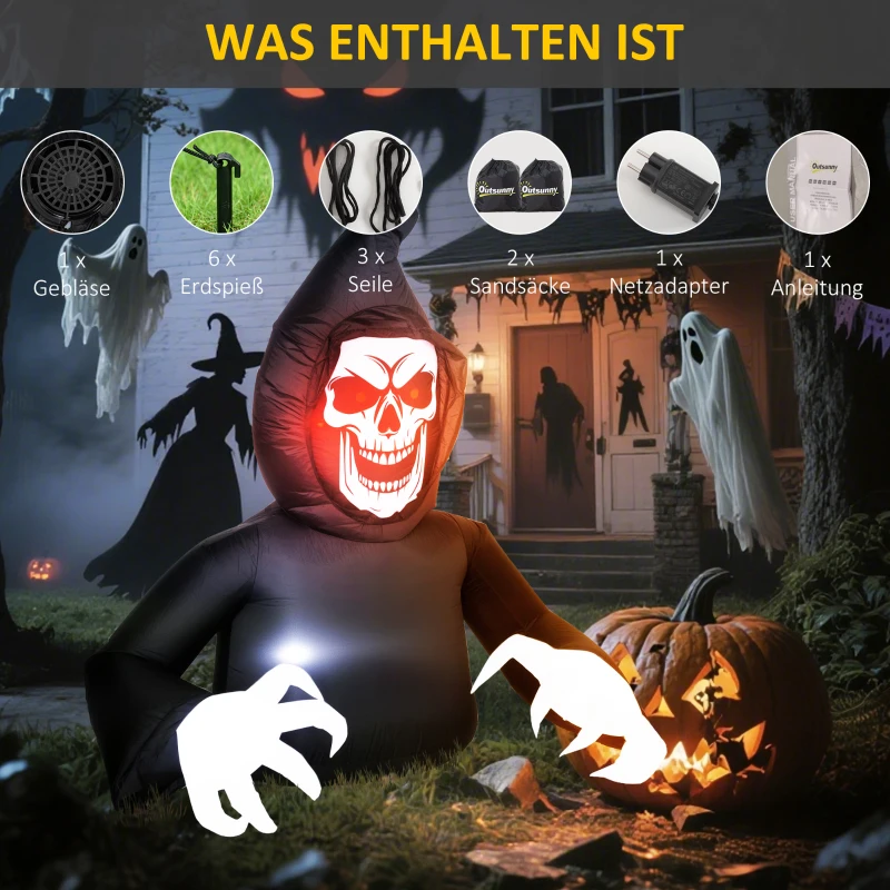 Outsunny Opblaasbare Halloween-decoratie, Sensenman, LED-lampen, ventilator, kabel(m-6)