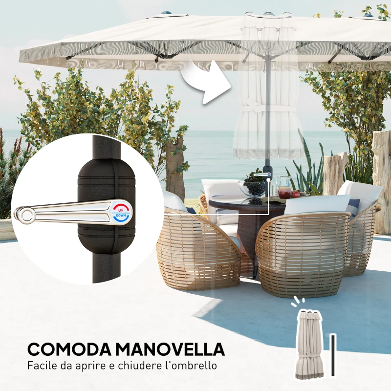 Outsunny Ombrellone Doppio a 12 Stecche con Manovella, in Poliestere e Acciaio, 450x265x260 cm, Bianco Crema