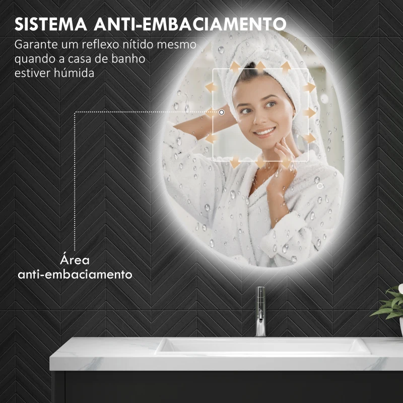 HOMCOM Espelho de Casa de Banho LED 3 Cores de Luz Brilho Regulável Função Anti Embaciamento Função Memória IP44 80x60 cm Prata
