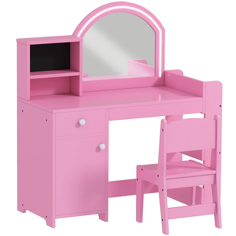 AIYAPLAY Tocador infantil con taburete y espejo LED, mesa de maquillaje para 3 a 8 años, 88,6 x 38,8 x 96,9 cm, rosa