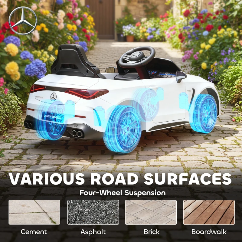 AIYAPLAY Coche eléctrico infantil, diseño Mercedes, motores 12V, control remoto, luces LED, música, para niños de 3-6 años, Blanco