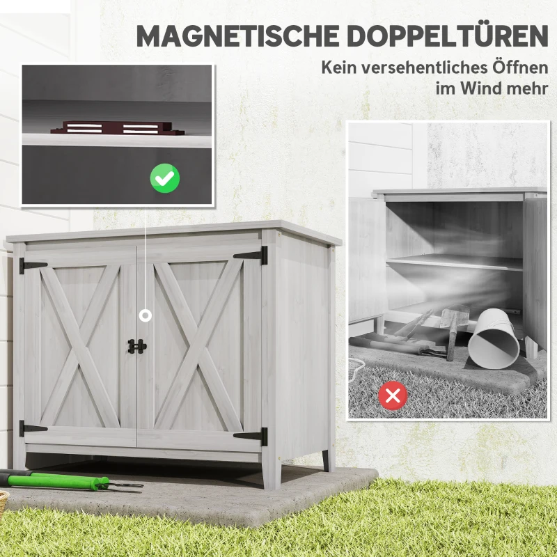 Outsunny Gartenschrank, Holzschrank für Gartengeräte, Outdoor-Schrank für Terrasse, mit Doppeltüren, Scheunendesign, Hellgrau(m-6)