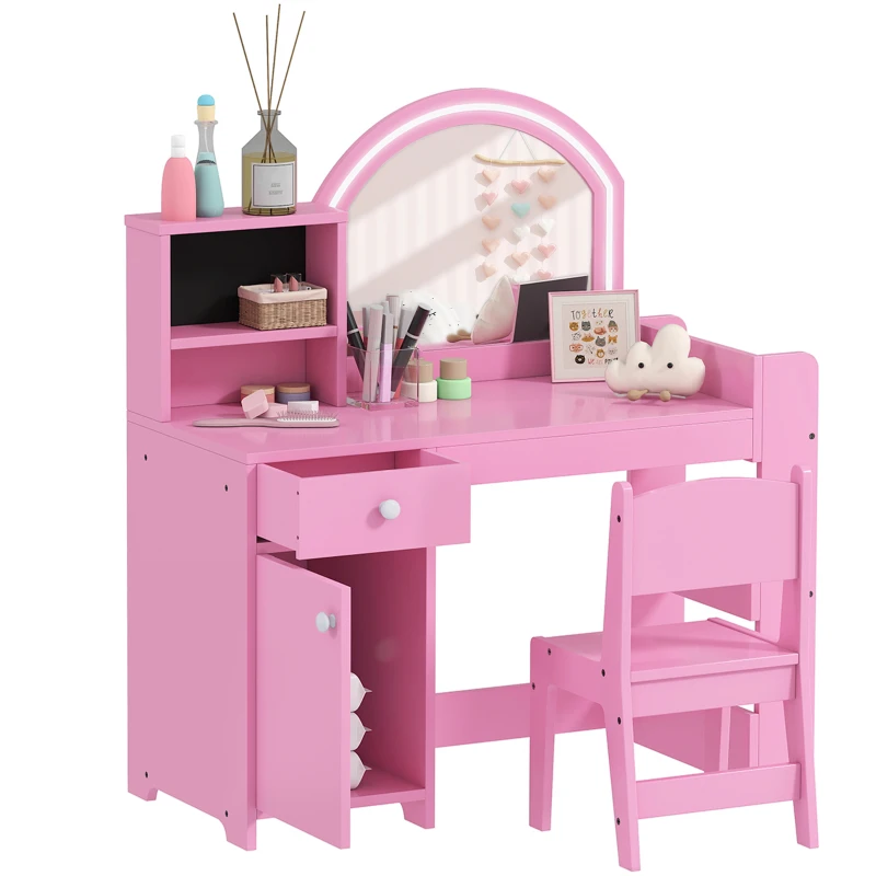 AIYAPLAY Toeletta per bambini con sgabello e specchio LED, da 3 a 8 anni, 88,6 x 38,8 x 96,9 cm, Rosa