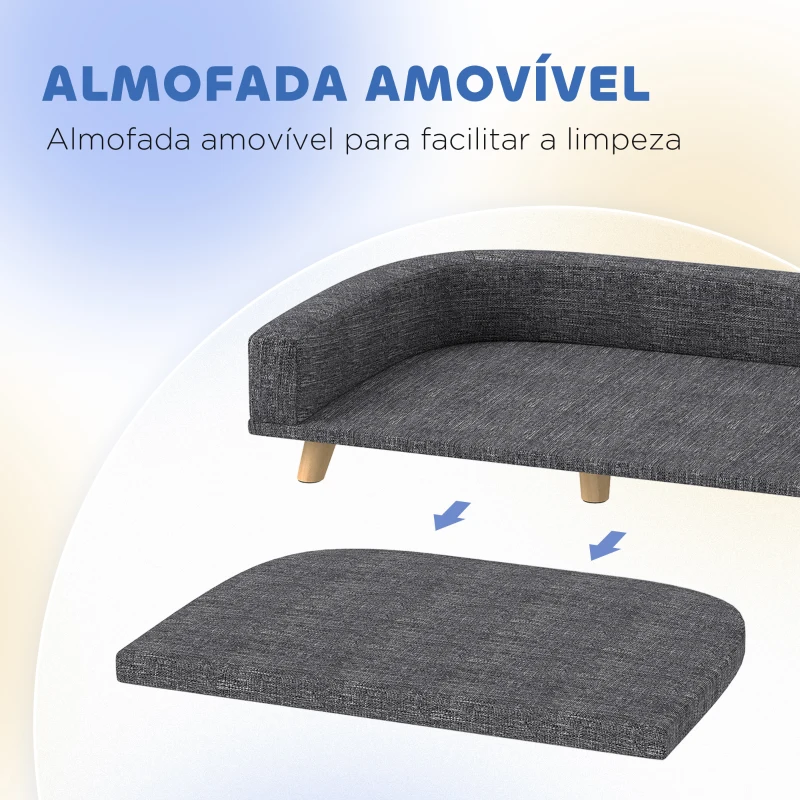 PawHut Sofá para Cães Cama Elevada para Cães Estofada com Almofada Lavável e Pés de Madeira de Pinho 98x67x25 cm Cinza Escuro