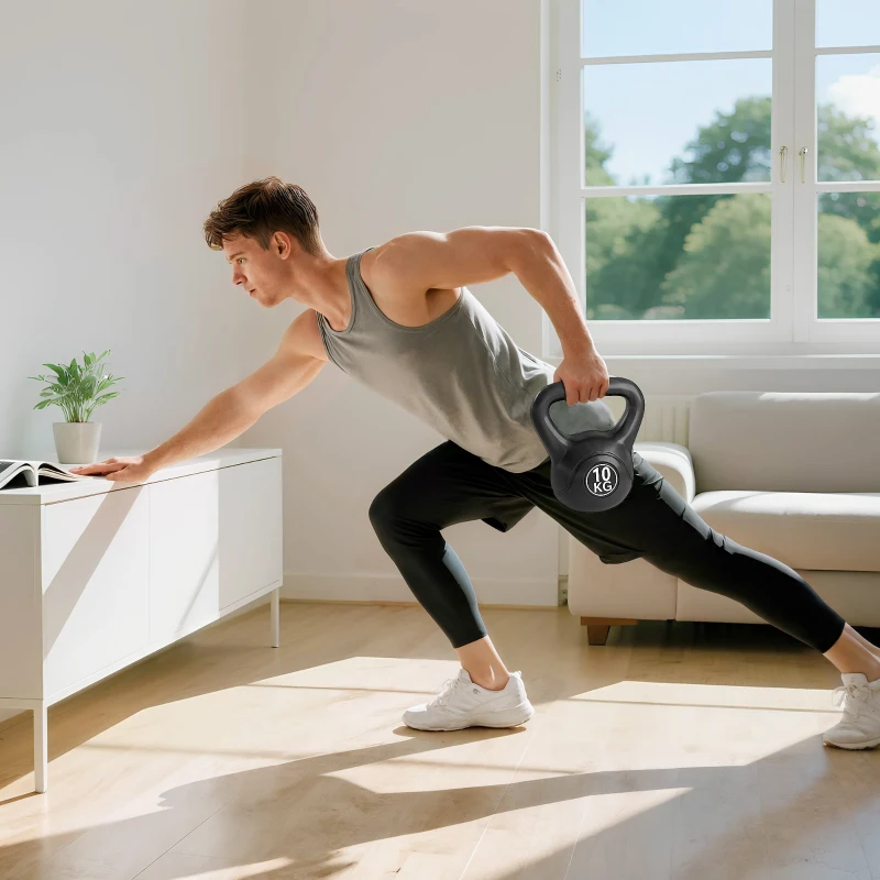 HOMCOM Peso Russo de 10 kg Kettlebell Preenchido de Areia com Punho Largo e Antiderrapante para Trenos em Casa e Ginásio 25x19x28 cm Preto