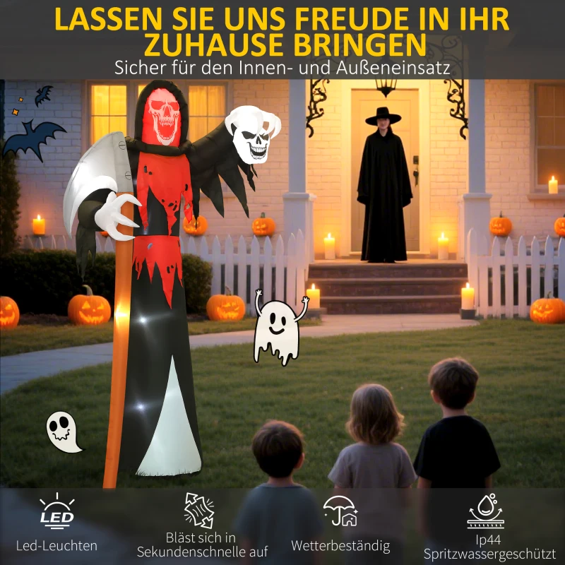 Outsunny Halloween-decoratie 3,70 m reusachtige dood met zeis met LED-verlichting lichtgevende luchtfiguur voor buiten