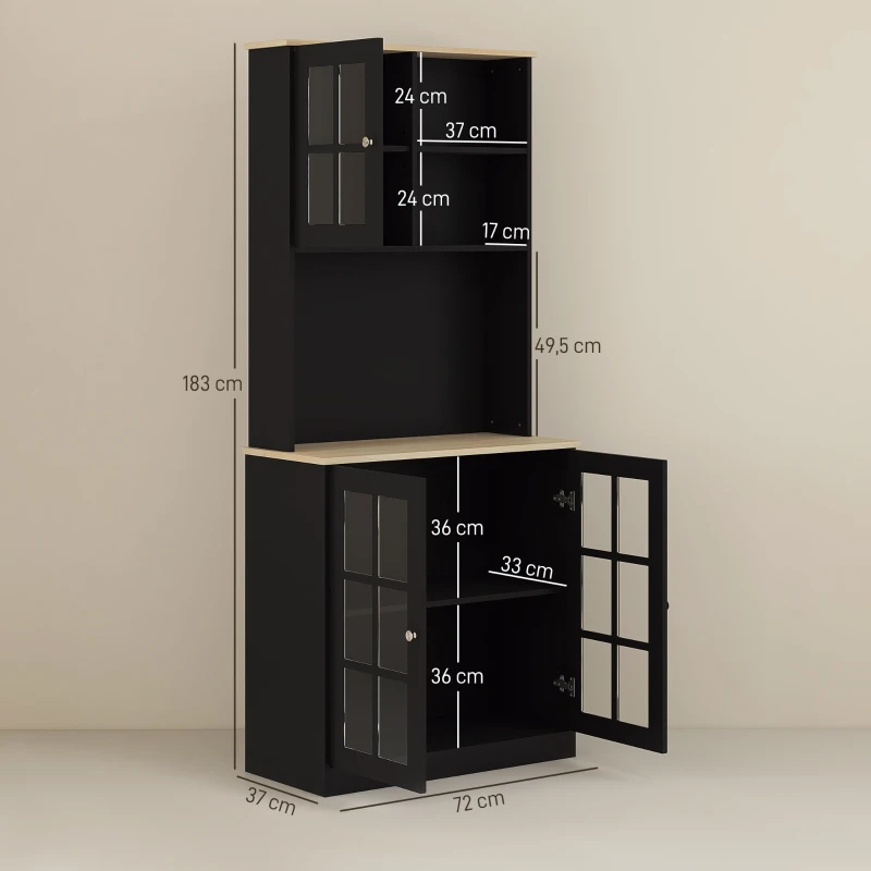 HOMCOM Armário de Cozinha com Prateleiras e Portas de Vidro  Armário Alto de Cozinha para Pequenos Eletrodomésticos e Louças 80x37x183 cm Preto