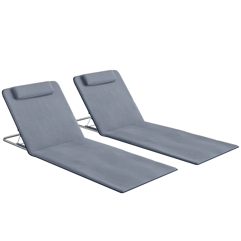 Outsunny Set 2 Sdraio da Spiaggia con Schienale Regolabile su 5 Livelli, Poggiatesta e Borsa da Viaggio, Lettini Spiaggia Pieghevoli in Acciaio e PE, 134x48x33-43 cm, Grigio