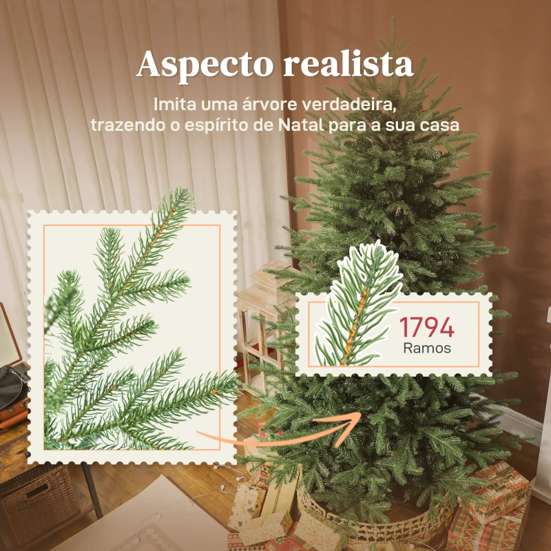 HOMCOM Árvore de Natal Artificial 180 cm com 1794 Ramos Densos Suporte Metálico Dobrável para Interior Verde