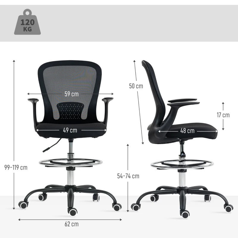 HOMCOM Ergonomic Office Chair with Adjustable Footrest and Lift-up Armrests, Height Adjustable, 59x62x99-119cm, Black