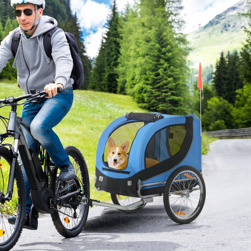 PawHut Hondenkar fietskar honden fiets blauw/zwart opvouwbaar vlag(m-2)