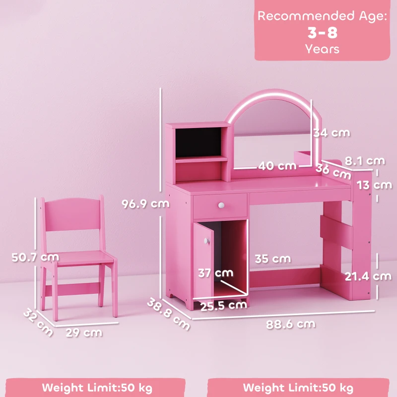 AIYAPLAY Toeletta per bambini con sgabello e specchio LED, da 3 a 8 anni, 88,6 x 38,8 x 96,9 cm, Rosa