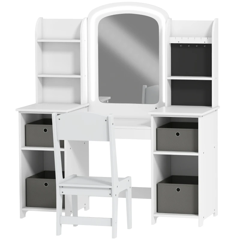 AIYAPLAY Coiffeuse pour enfants avec tabouret et miroir LED, table de maquillage pour 3 à 8 ans, 104 x 40 x 112 cm, blanc