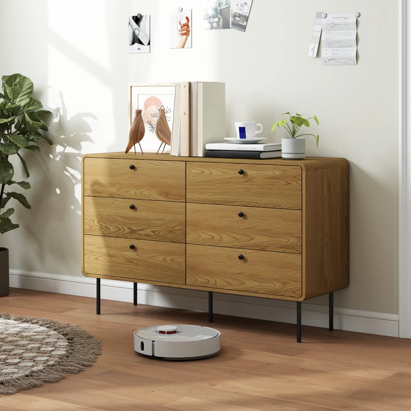 HOMCOM Kommode 6 Schubladen Aufbewahrungsmöbel moderner Stil abgerundete Ecken und Stahlfüße 120 x 40 x 75cm Eichenholzoptik