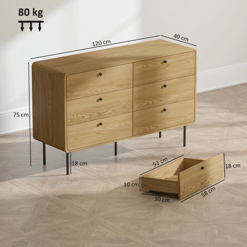 HOMCOM 6-Drawer Dresser Storage Cabinet Modern Style Rounded Corners and Steel Legs 120 x 40 x 75 cm Oak-Effect