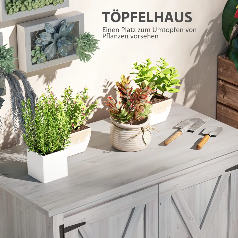 Outsunny Gartenschrank, Holzschrank für Gartengeräte, Outdoor-Schrank für Terrasse, mit Doppeltüren, Scheunendesign, Hellgrau(m-5)