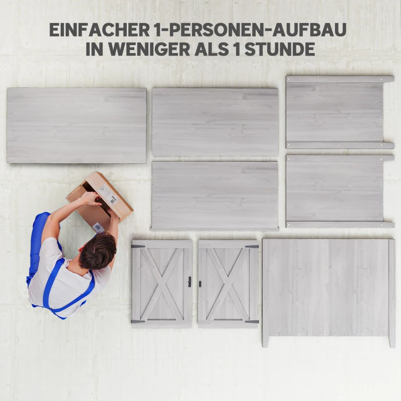 Outsunny Gartenschrank, Holzschrank für Gartengeräte, Outdoor-Schrank für Terrasse, mit Doppeltüren, Scheunendesign, Hellgrau(m-7)