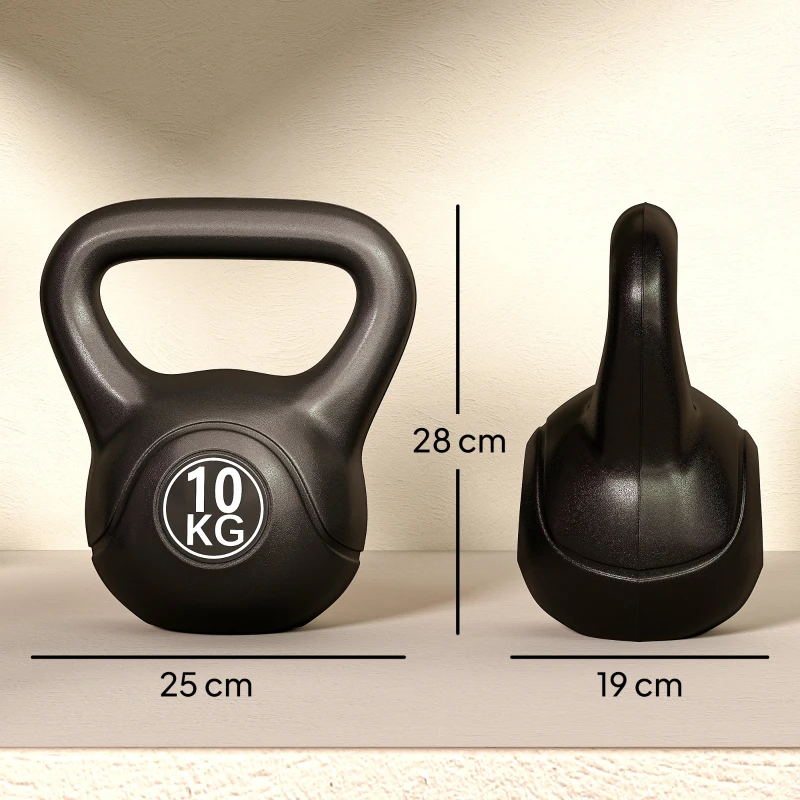 HOMCOM Peso Russo de 10 kg Kettlebell Preenchido de Areia com Punho Largo e Antiderrapante para Trenos em Casa e Ginásio 25x19x28 cm Preto