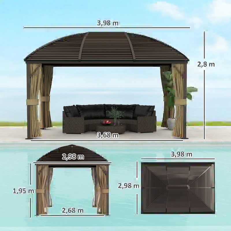 Outsunny Gartenpavillon, Partyzelt, Festzelt, 4 x Doppel-Seitenteile, wasserdicht, 2 Laternenhaken, ca. 4 x 3 x 2,8 m, Braun(m-3)
