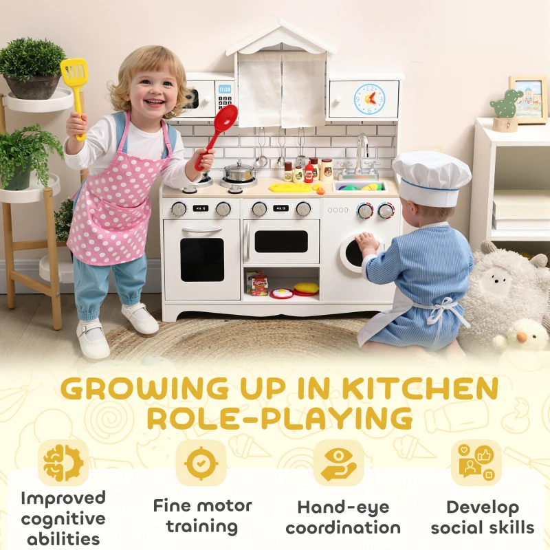 AIYAPLAY Cuisine Jouet pour Enfants 3-6 Ans en Bois avec Ensemble d'Accessoires, Évier et Boutons sonores, Blanc