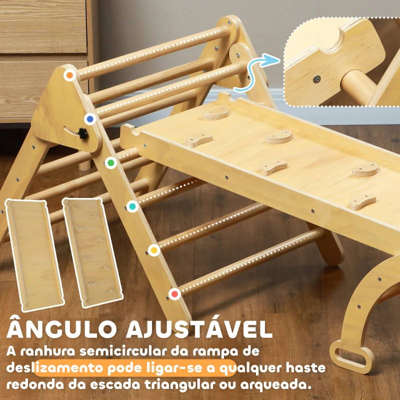 AIYAPLAY Triângulo de Escalada de Madeira 5 em 1 Escada para Crianças de 18-48 Meses com Rampa e Arco de Escalada 178x64,5x63 cm Madeira