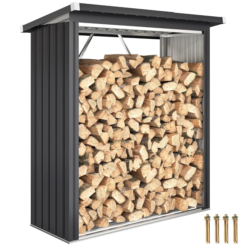 Outsunny Brennholzschuppen, Feuerholzunterstand, Stahl, erhöhter Boden, Schrägdach, 150 x 66,5 x 150 cm, Dunkelgrau(m-11)