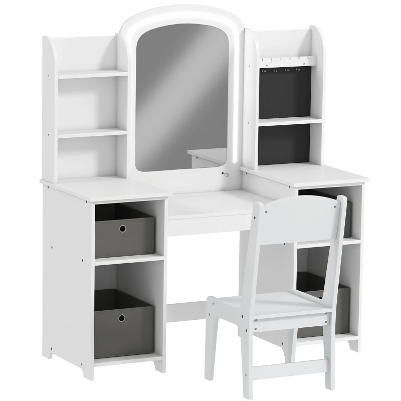 AIYAPLAY Kinderschminktisch mit Hocker und LED-Spiegel, Schminktisch für 3–8 Jahre, 104 x 40 x 112 cm, weiß